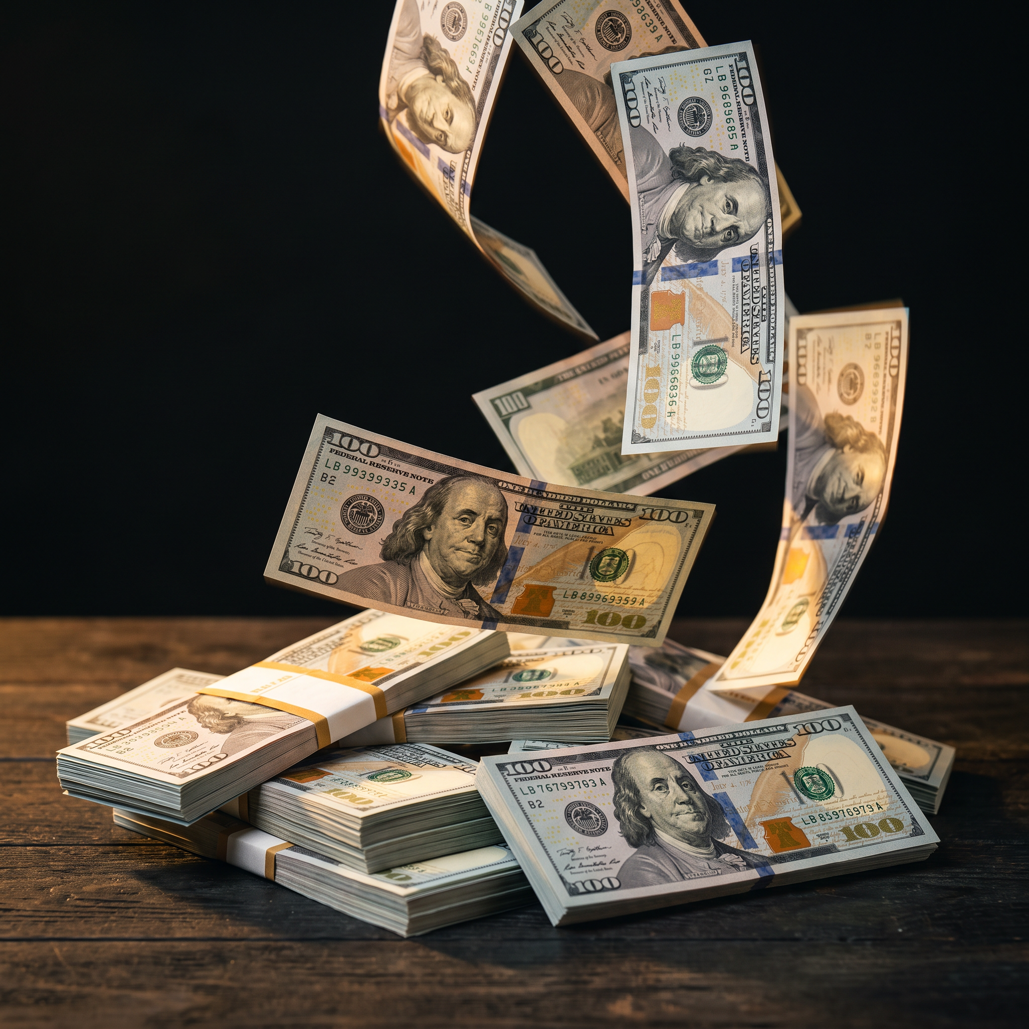 Annual Spend — stacks of $100 bills falling from sky